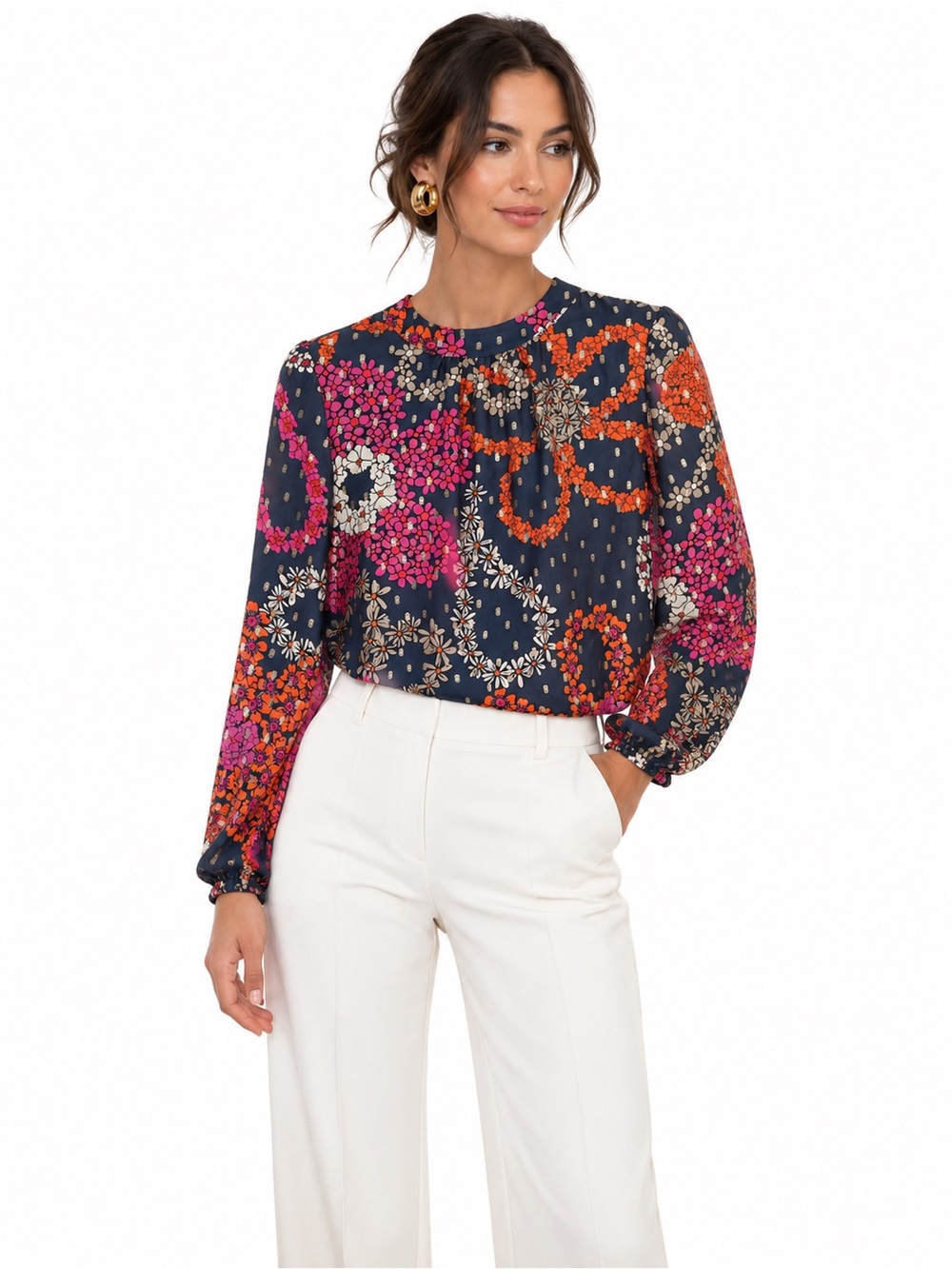 Vilagallo Floral Blouse EU 42 US 10 L Gray Pink Orange Metallic Balloon Sleeve T